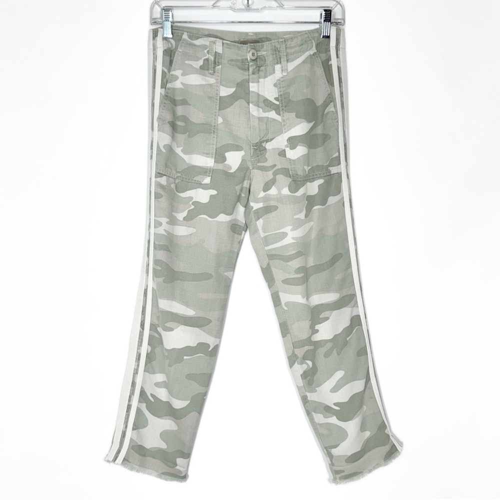 Mother Camo Racer Stripe Fringe Hem Cream Green Straight Leg Cropped Pants 26 - Picture 2 of 15